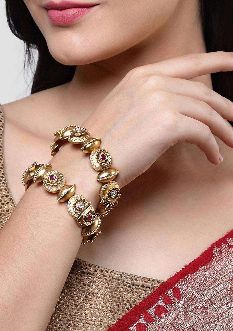 Set of 2 Gold-Plated Pink & White Kundan Floral Rajwadi Bangles for Women | Traditional Temple Jewellery for Wedding & Festive Wear | Gift for Her - Indya