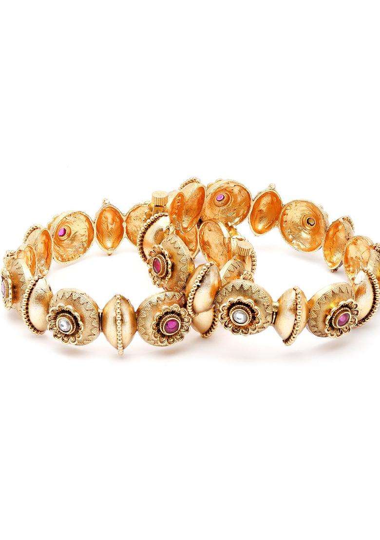 Set of 2 Gold-Plated Pink & White Kundan Floral Rajwadi Bangles for Women | Traditional Temple Jewellery for Wedding & Festive Wear | Gift for Her - Indya