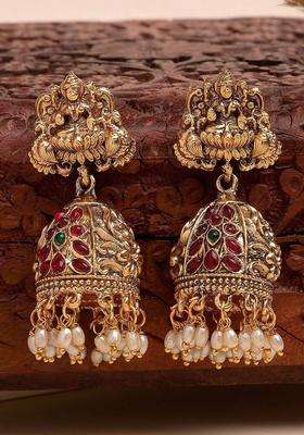 Gold-Plated Dome Shaped Artificial Stones Studded Laxmi Mata Jhumkas for Women | Traditional Temple Jewellery for Wedding & Festive Wear | Gift for Her