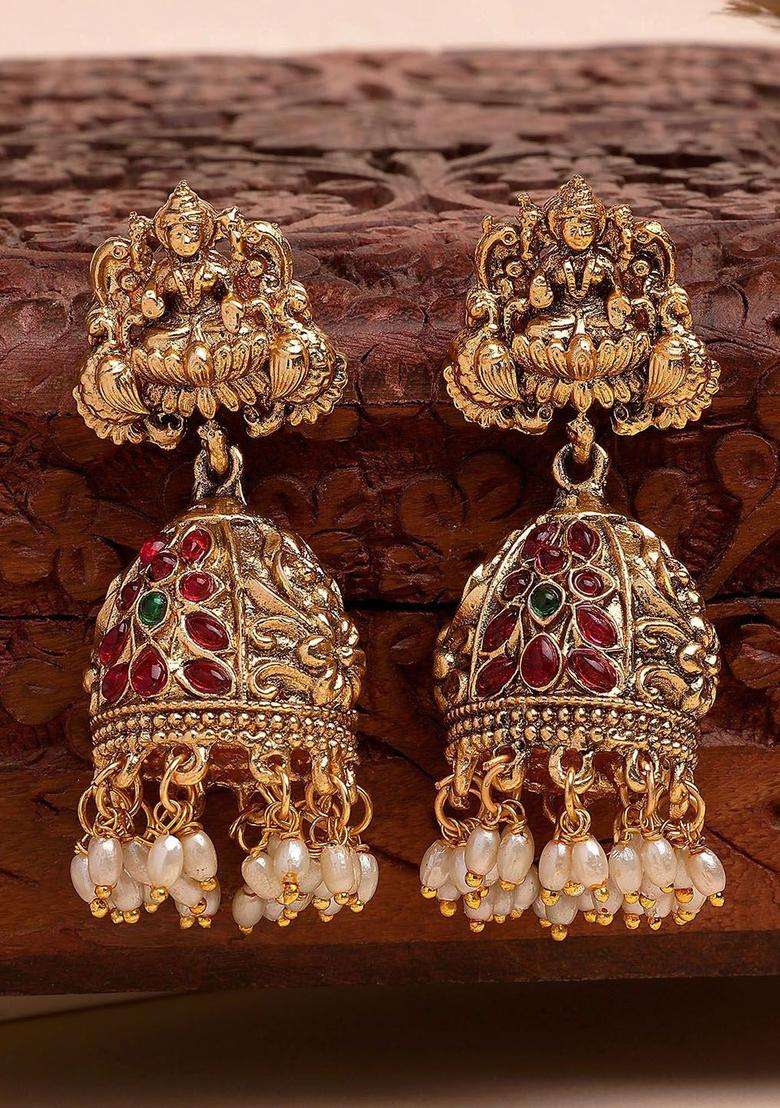 Gold-Plated Dome Shaped Artificial Stones Studded Laxmi Mata Jhumkas for Women | Traditional Temple Jewellery for Wedding & Festive Wear | Gift for Her - Indya