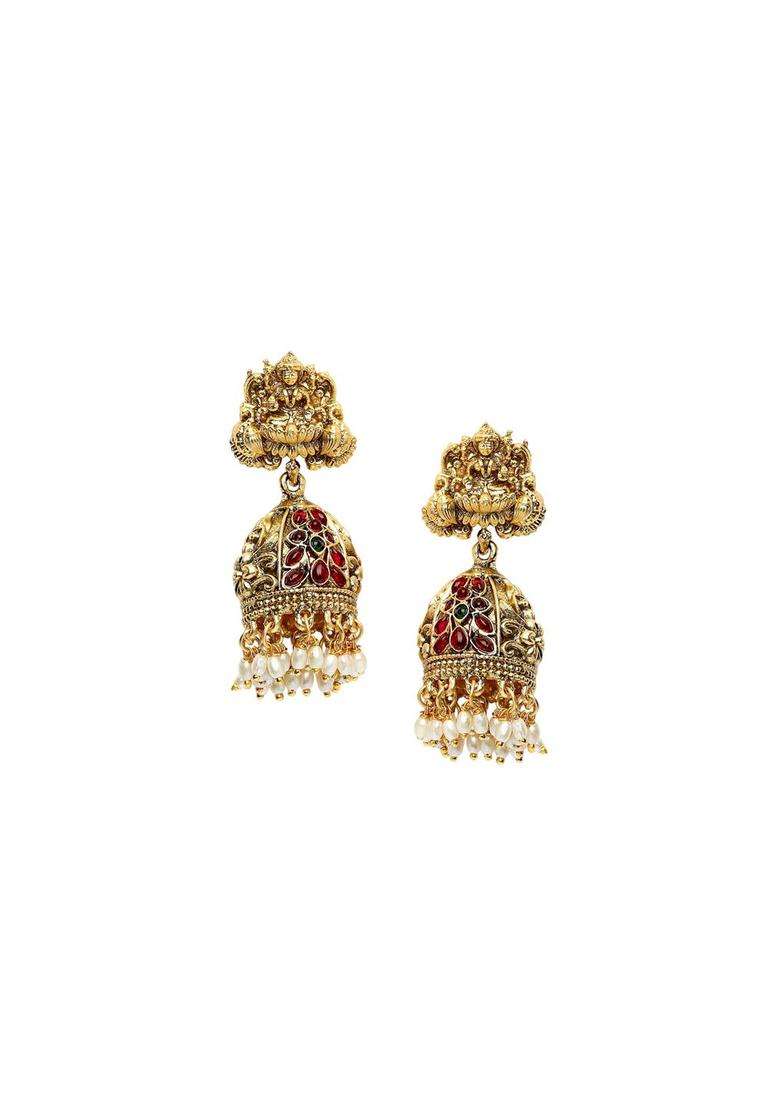 Gold-Plated Dome Shaped Artificial Stones Studded Laxmi Mata Jhumkas for Women | Traditional Temple Jewellery for Wedding & Festive Wear | Gift for Her - Indya