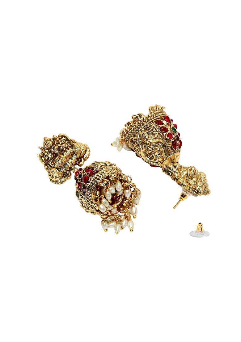 Gold-Plated Dome Shaped Artificial Stones Studded Laxmi Mata Jhumkas for Women | Traditional Temple Jewellery for Wedding & Festive Wear | Gift for Her - Indya