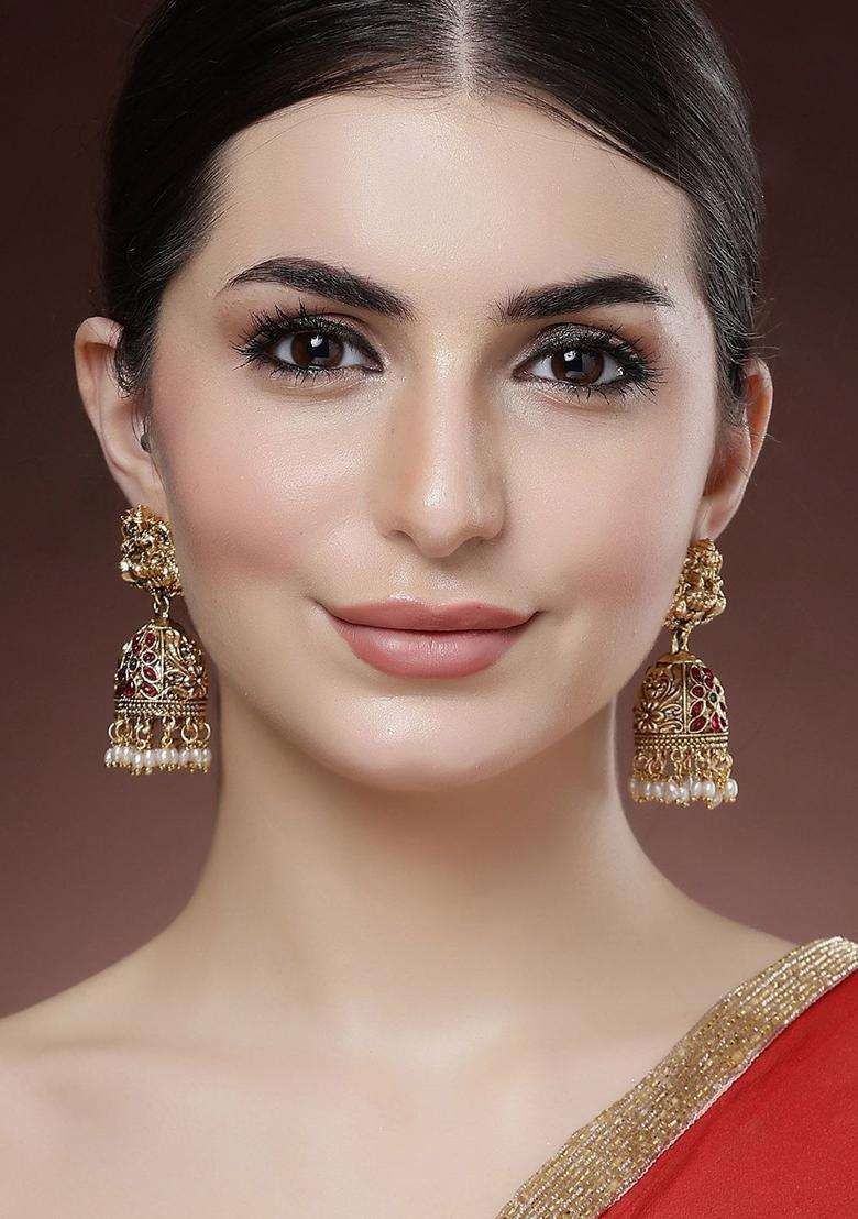 Gold-Plated Dome Shaped Artificial Stones Studded Laxmi Mata Jhumkas for Women | Traditional Temple Jewellery for Wedding & Festive Wear | Gift for Her - Indya