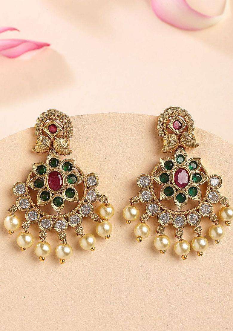 Green Gold-Plated Drop Stone Earrings for Women | Traditional Temple Jewellery for Wedding & Festive Wear | Gift for Her - Indya