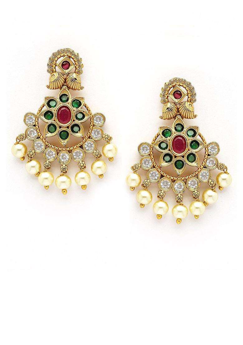 Green Gold-Plated Drop Stone Earrings for Women | Traditional Temple Jewellery for Wedding & Festive Wear | Gift for Her - Indya