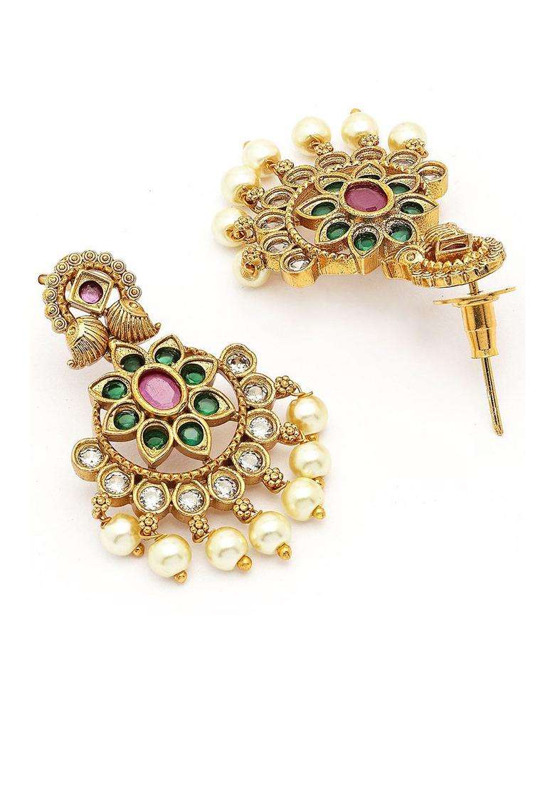 Green Gold-Plated Drop Stone Earrings for Women | Traditional Temple Jewellery for Wedding & Festive Wear | Gift for Her - Indya