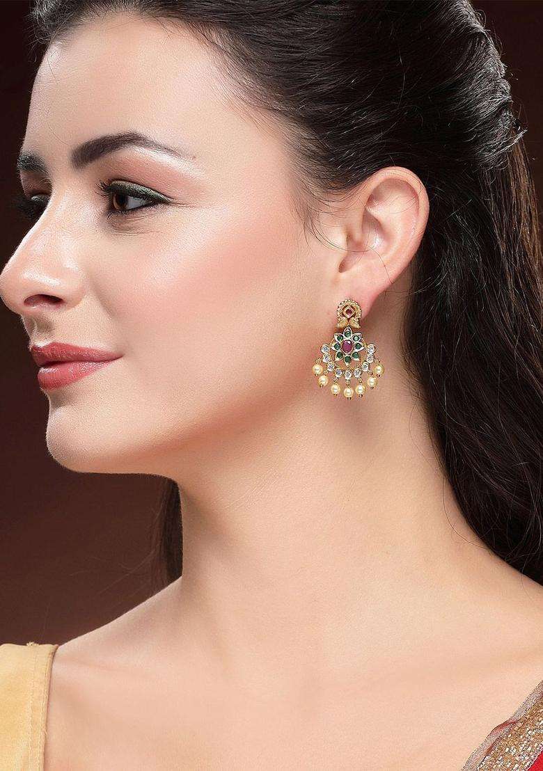 Green Gold-Plated Drop Stone Earrings for Women | Traditional Temple Jewellery for Wedding & Festive Wear | Gift for Her - Indya