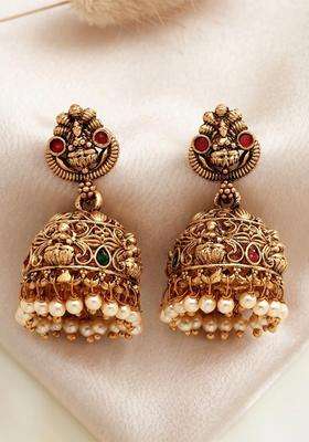 Gold-Plated Dome Shaped Stones Studded Temple Jhumkas Earrings for Women | Traditional Temple Jewellery for Wedding & Festive Wear | Gift for Her