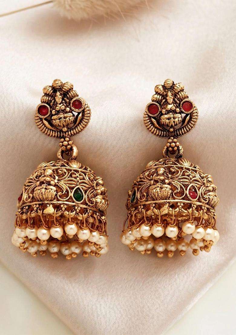 Gold-Plated Dome Shaped Stones Studded Temple Jhumkas Earrings for Women | Traditional Temple Jewellery for Wedding & Festive Wear | Gift for Her - Indya