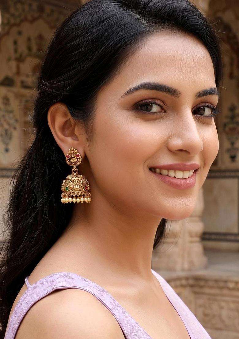 Gold-Plated Dome Shaped Stones Studded Temple Jhumkas Earrings for Women | Traditional Temple Jewellery for Wedding & Festive Wear | Gift for Her - Indya