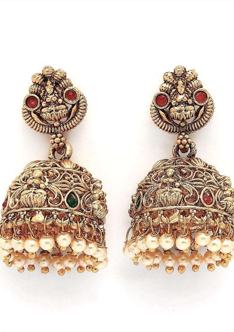 Gold-Plated Dome Shaped Stones Studded Temple Jhumkas Earrings for Women | Traditional Temple Jewellery for Wedding & Festive Wear | Gift for Her - Indya