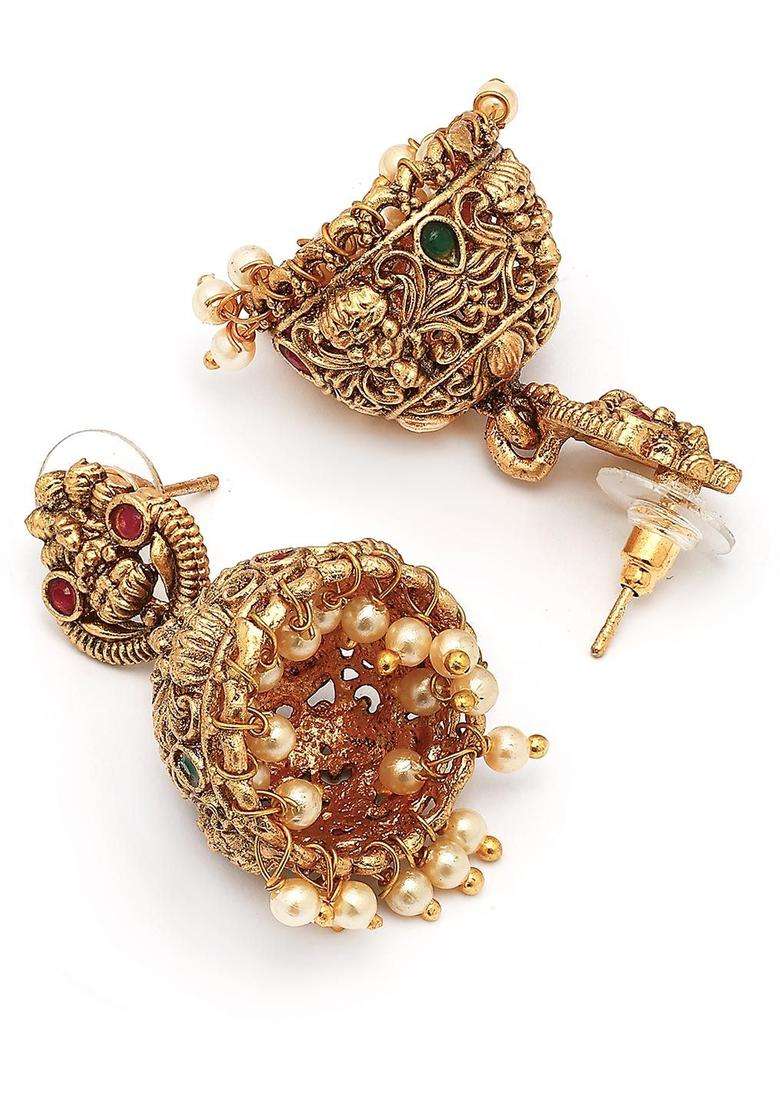 Gold-Plated Dome Shaped Stones Studded Temple Jhumkas Earrings for Women | Traditional Temple Jewellery for Wedding & Festive Wear | Gift for Her - Indya