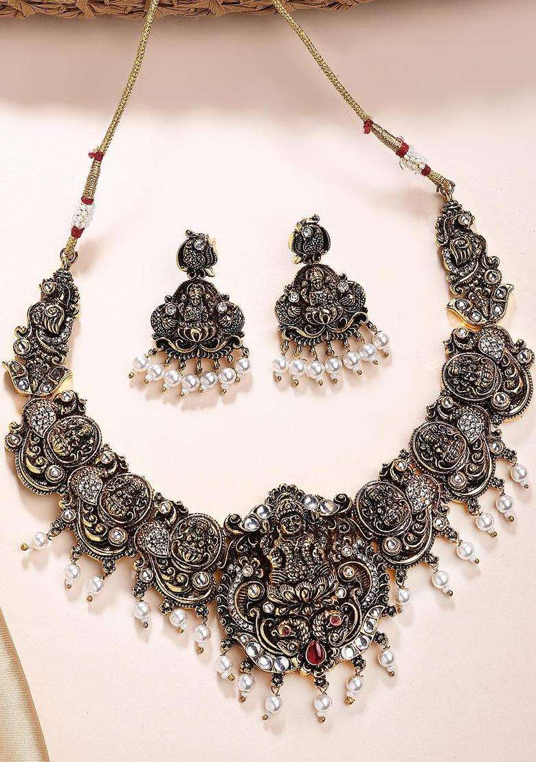 Gold-Plated Artificial Stone-Studded & Beaded Laxmi Mata Temple Jewellery Set for Women | Traditional Temple Jewellery for Wedding & Festive Wear | Gift for Her - Indya