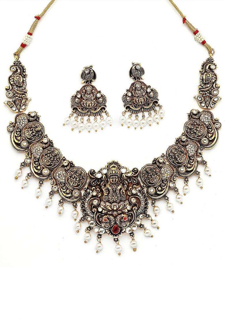 Gold-Plated Artificial Stone-Studded & Beaded Laxmi Mata Temple Jewellery Set for Women | Traditional Temple Jewellery for Wedding & Festive Wear | Gift for Her - Indya