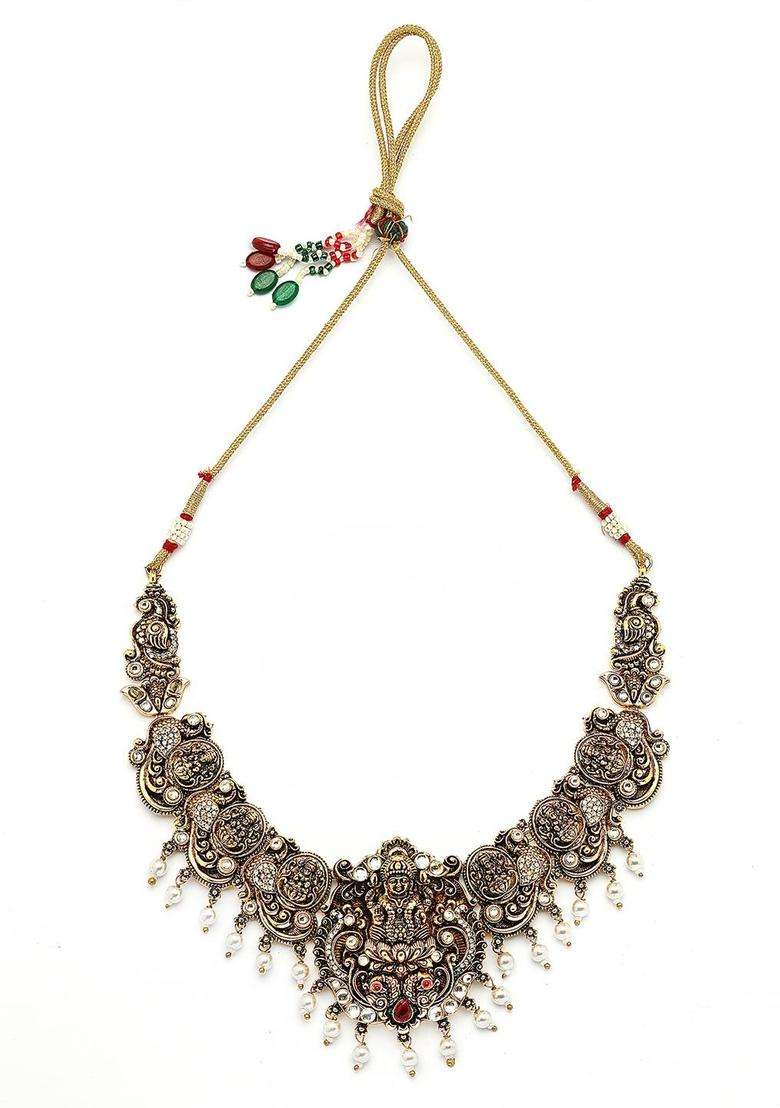 Gold-Plated Artificial Stone-Studded & Beaded Laxmi Mata Temple Jewellery Set for Women | Traditional Temple Jewellery for Wedding & Festive Wear | Gift for Her - Indya