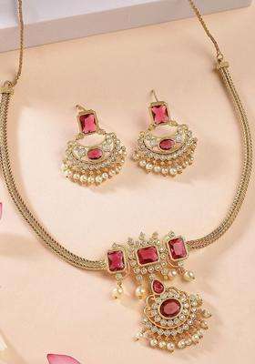 Red Gold-Plated American Diamond Studded Temple Necklace and Earrings Jewellery Set for Women | Traditional Temple Jewellery for Wedding & Festive Wear | Gift for Her