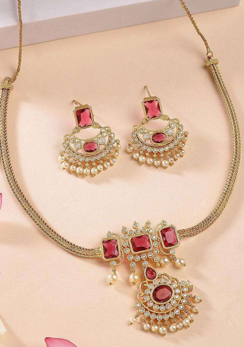 Red Gold-Plated American Diamond Studded Temple Necklace and Earrings Jewellery Set for Women | Traditional Temple Jewellery for Wedding & Festive Wear | Gift for Her - Indya