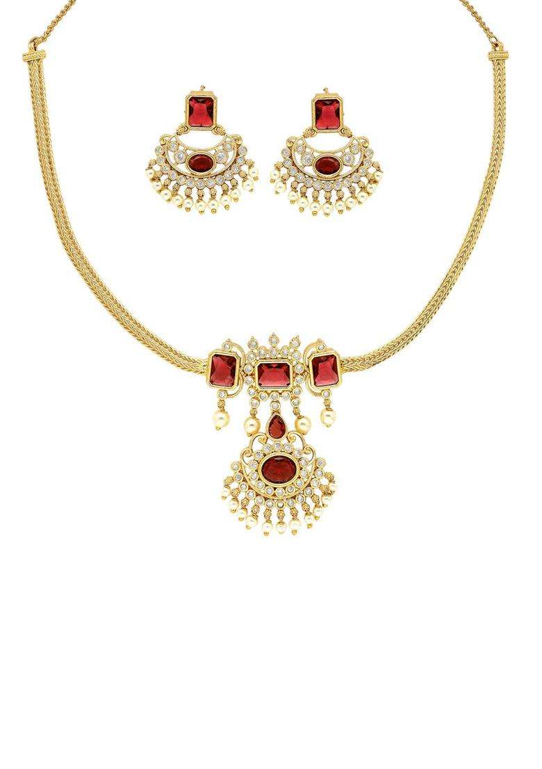 Red Gold-Plated American Diamond Studded Temple Necklace and Earrings Jewellery Set for Women | Traditional Temple Jewellery for Wedding & Festive Wear | Gift for Her - Indya
