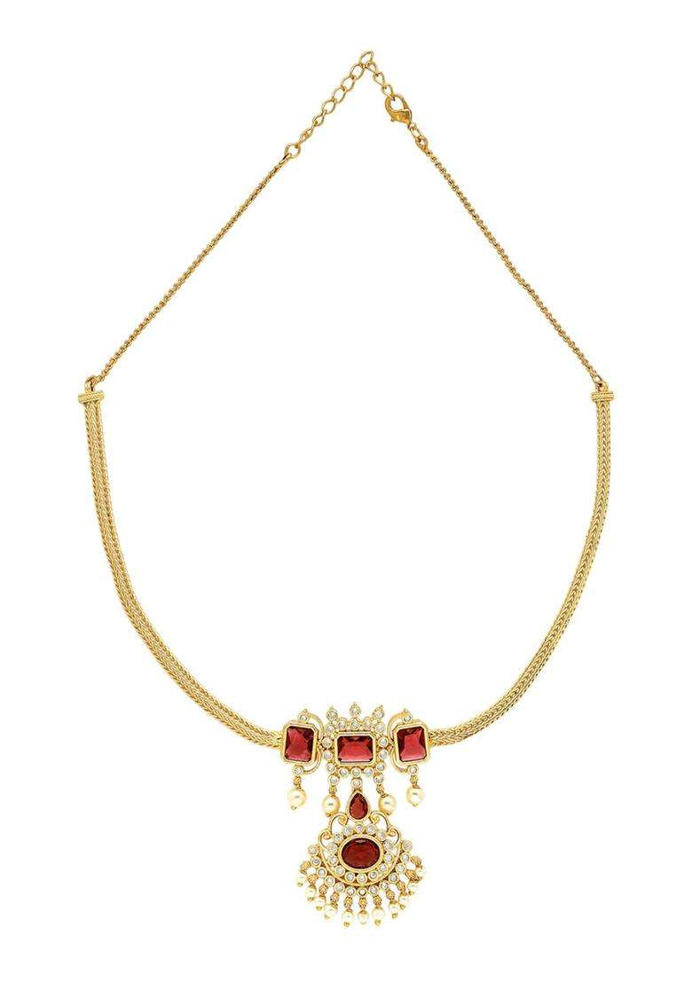 Red Gold-Plated American Diamond Studded Temple Necklace and Earrings Jewellery Set for Women | Traditional Temple Jewellery for Wedding & Festive Wear | Gift for Her - Indya