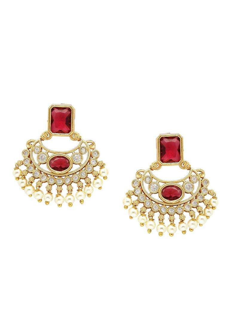 Red Gold-Plated American Diamond Studded Temple Necklace and Earrings Jewellery Set for Women | Traditional Temple Jewellery for Wedding & Festive Wear | Gift for Her - Indya