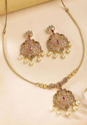 Gold-Plated Peacock-Shaped Temple Necklace & Earrings Jewellery Set with American Diamond for Women | Traditional Temple Jewellery for Wedding & Festive Wear | Gift for Her