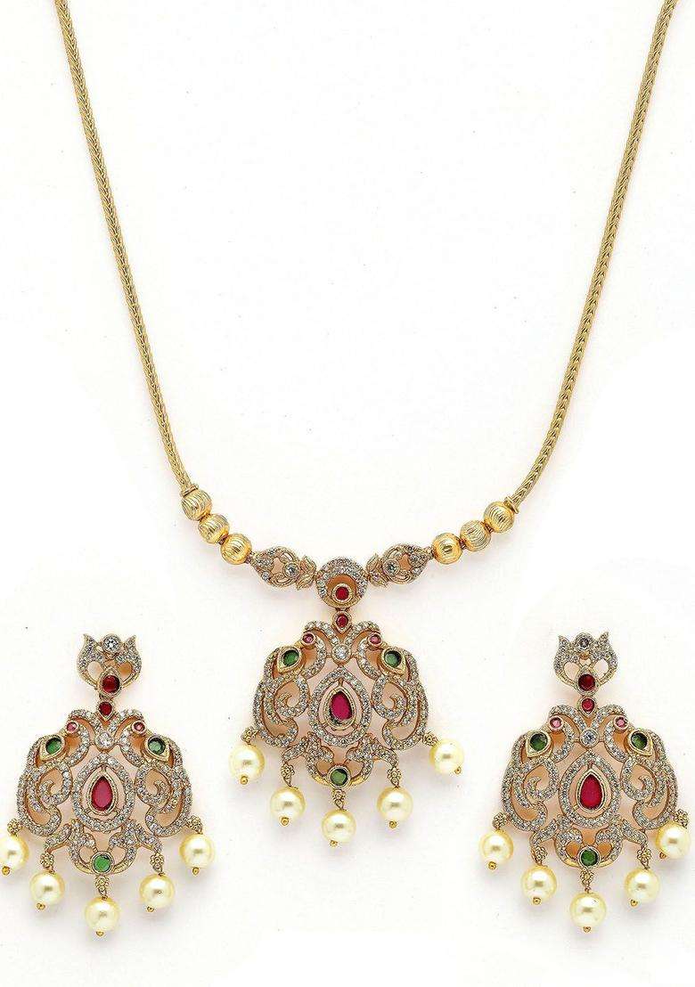 Gold-Plated Peacock-Shaped Temple Necklace & Earrings Jewellery Set with American Diamond for Women | Traditional Temple Jewellery for Wedding & Festive Wear | Gift for Her - Indya