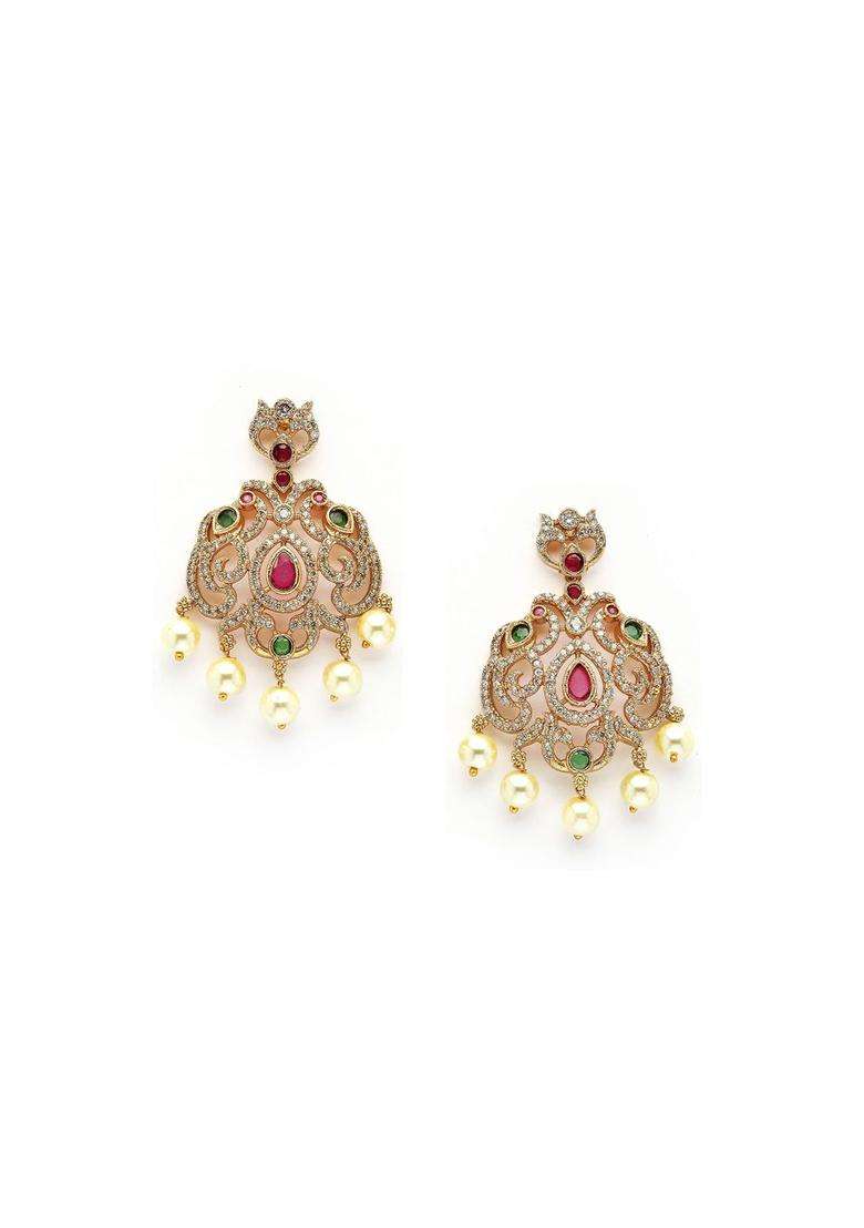Gold-Plated Peacock-Shaped Temple Necklace & Earrings Jewellery Set with American Diamond for Women | Traditional Temple Jewellery for Wedding & Festive Wear | Gift for Her - Indya