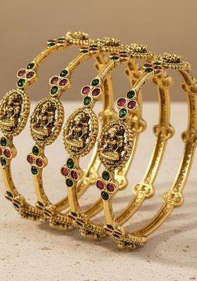 Green Set of 4 Gold-Plated Temple Stone Studded & Beaded Traditional Bangle for Women | Traditional Temple Jewellery for Wedding & Festive Wear | Gift for Her