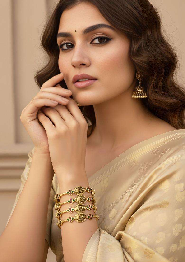 Green Set of 4 Gold-Plated Temple Stone Studded & Beaded Traditional Bangle for Women | Traditional Temple Jewellery for Wedding & Festive Wear | Gift for Her - Indya