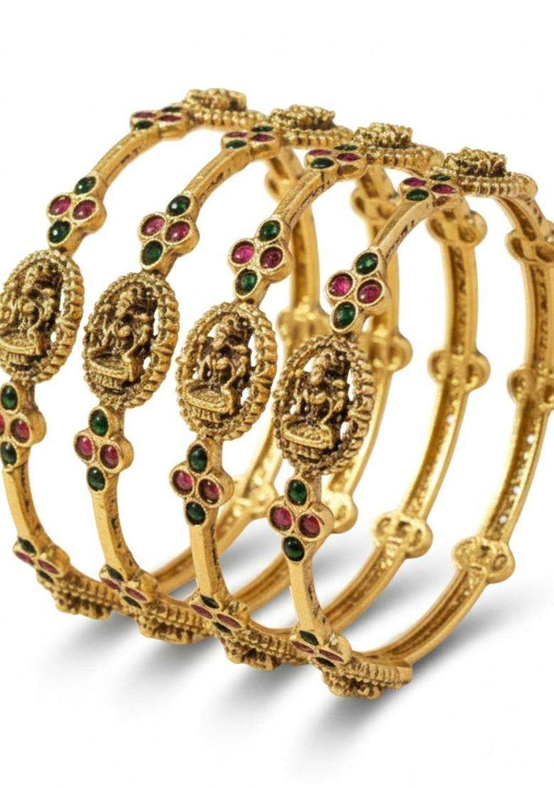 Green Set of 4 Gold-Plated Temple Stone Studded & Beaded Traditional Bangle for Women | Traditional Temple Jewellery for Wedding & Festive Wear | Gift for Her - Indya