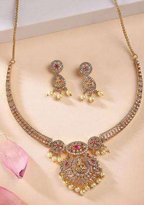 Red Gold-Plated American Diamond Studded Temple Necklace and Earrings Jewellery Set for Women | Traditional Temple Jewellery for Wedding & Festive Wear | Gift for Her