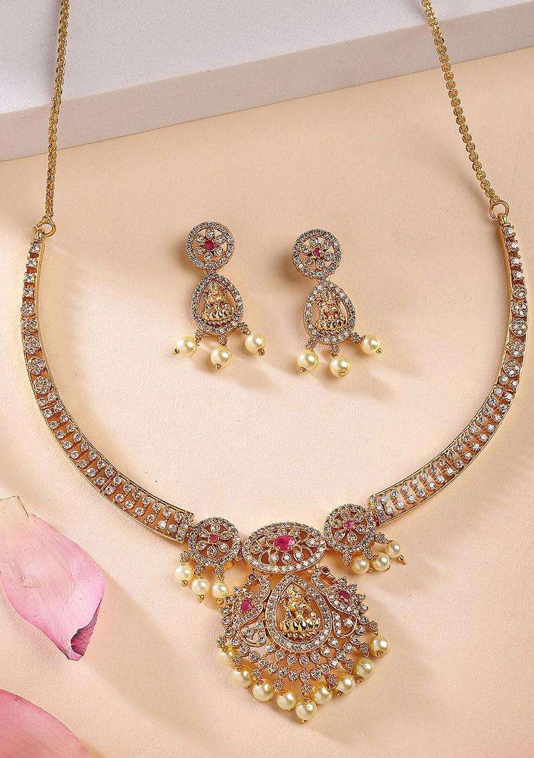 Red Gold-Plated American Diamond Studded Temple Necklace and Earrings Jewellery Set for Women | Traditional Temple Jewellery for Wedding & Festive Wear | Gift for Her - Indya