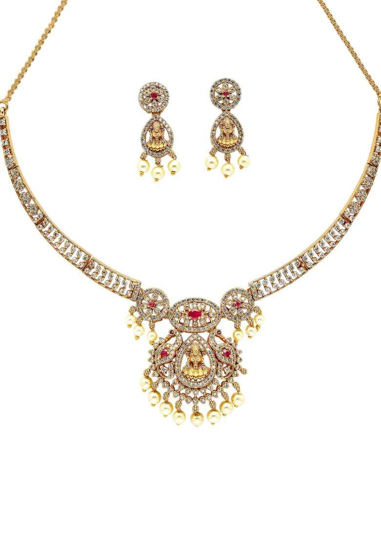 Red Gold-Plated American Diamond Studded Temple Necklace and Earrings Jewellery Set for Women | Traditional Temple Jewellery for Wedding & Festive Wear | Gift for Her - Indya
