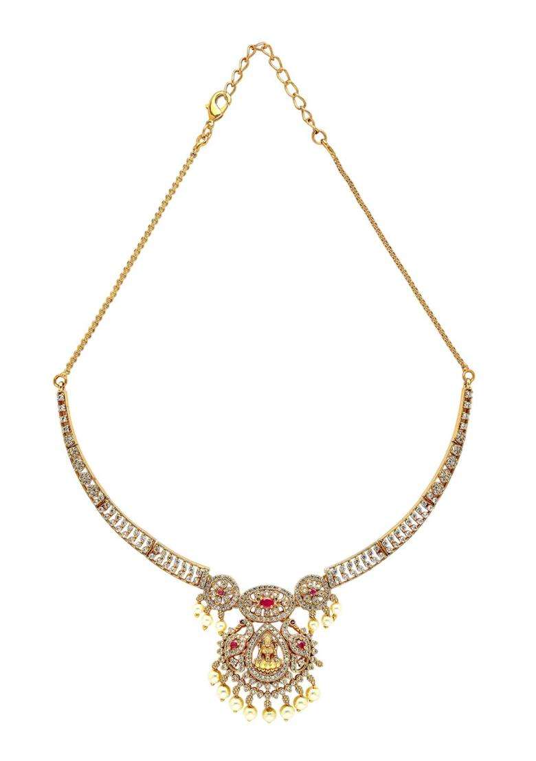 Red Gold-Plated American Diamond Studded Temple Necklace and Earrings Jewellery Set for Women | Traditional Temple Jewellery for Wedding & Festive Wear | Gift for Her - Indya