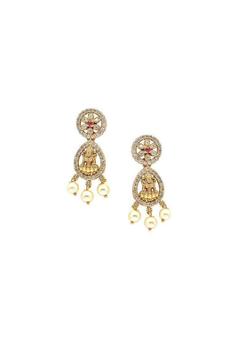 Red Gold-Plated American Diamond Studded Temple Necklace and Earrings Jewellery Set for Women | Traditional Temple Jewellery for Wedding & Festive Wear | Gift for Her - Indya