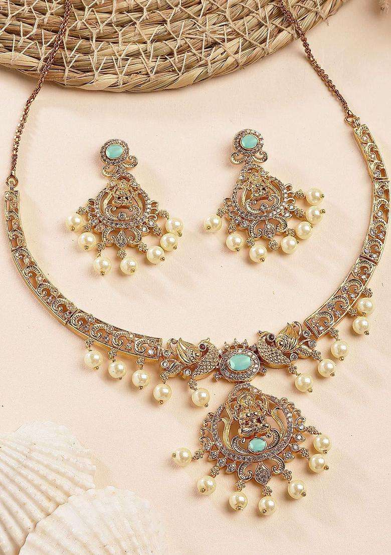 Gold-Plated Lime Green Stone Laxmi Mata Temple Necklace with Earring Set with American Diamond for Women | Traditional Temple Jewellery for Wedding & Festive Wear | Gift for Her - Indya