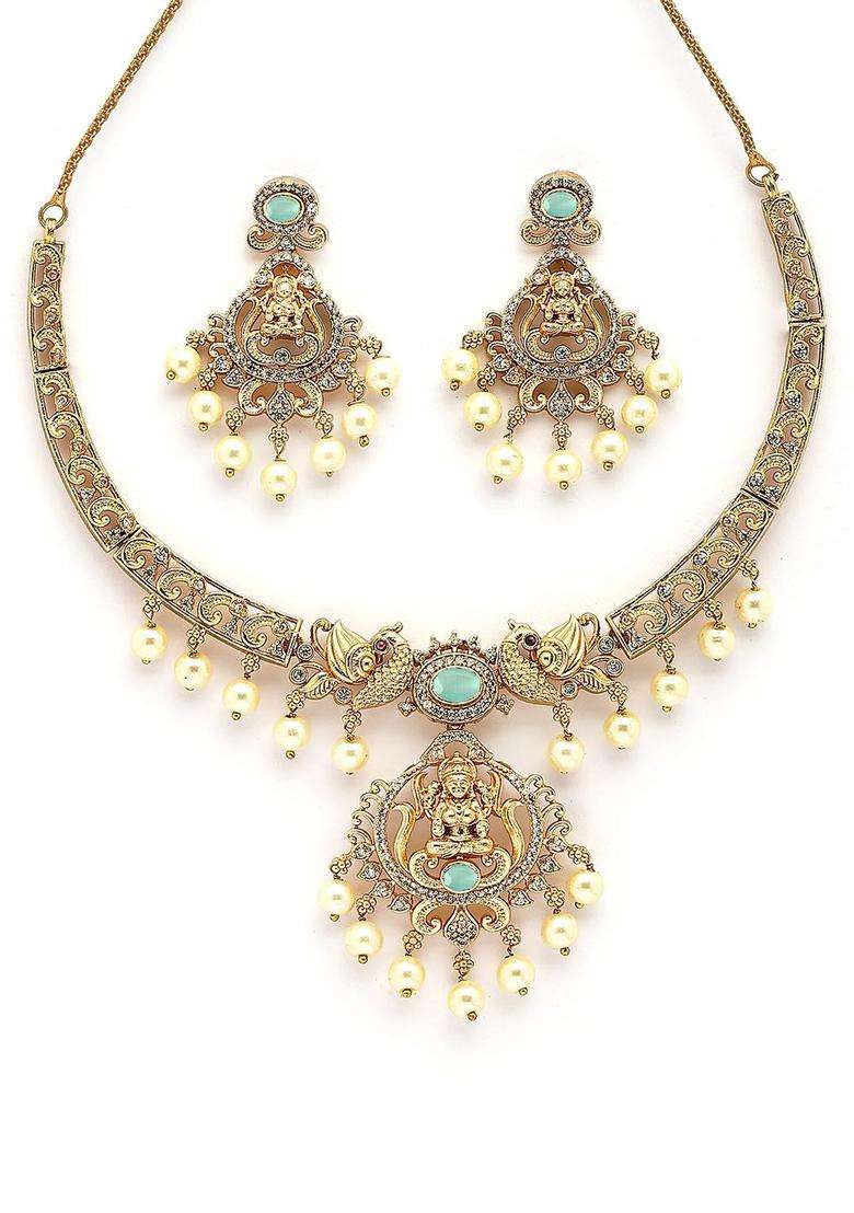 Gold-Plated Lime Green Stone Laxmi Mata Temple Necklace with Earring Set with American Diamond for Women | Traditional Temple Jewellery for Wedding & Festive Wear | Gift for Her - Indya