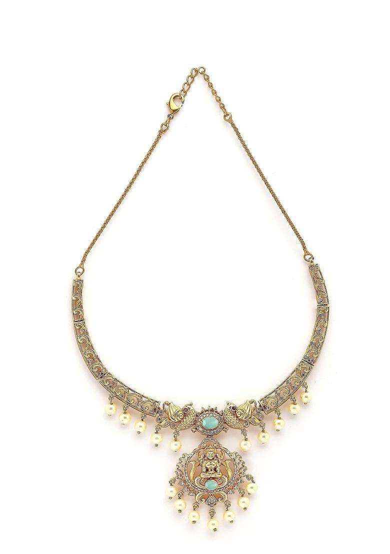 Gold-Plated Lime Green Stone Laxmi Mata Temple Necklace with Earring Set with American Diamond for Women | Traditional Temple Jewellery for Wedding & Festive Wear | Gift for Her - Indya