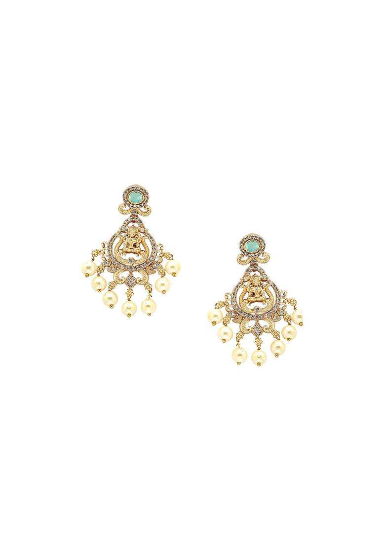 Gold-Plated Lime Green Stone Laxmi Mata Temple Necklace with Earring Set with American Diamond for Women | Traditional Temple Jewellery for Wedding & Festive Wear | Gift for Her - Indya