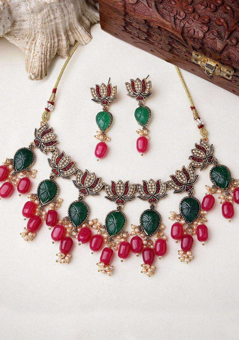 Gold-Plated Kundan-Studded & Beaded Jewellery Set for Women | Traditional Temple Jewellery for Wedding & Festive Wear | Gift for Her - Indya