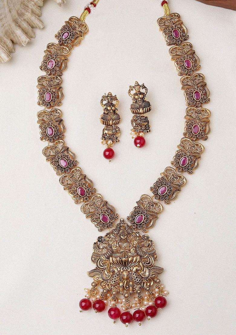 Gold-Plated Kundan-Studded & Beaded Jewellery Set for Women | Traditional Temple Jewellery for Wedding & Festive Wear | Gift for Her - Indya