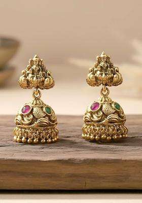 Gold-Plated Dome Shaped Artificial Stones Studded Laxmi Mata Jhumkas for Women | Traditional Temple Jewellery for Wedding & Festive Wear | Gift for Her