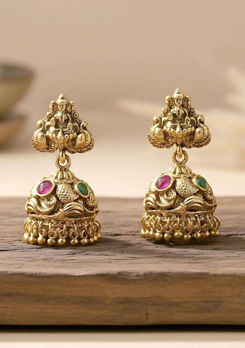 Gold-Plated Dome Shaped Artificial Stones Studded Laxmi Mata Jhumkas for Women | Traditional Temple Jewellery for Wedding & Festive Wear | Gift for Her - Indya