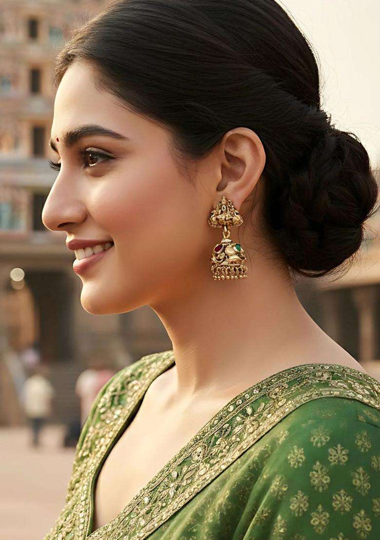 Gold-Plated Dome Shaped Artificial Stones Studded Laxmi Mata Jhumkas for Women | Traditional Temple Jewellery for Wedding & Festive Wear | Gift for Her - Indya