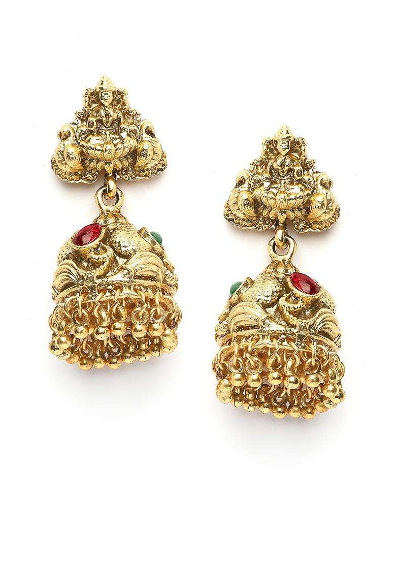 Gold-Plated Dome Shaped Artificial Stones Studded Laxmi Mata Jhumkas for Women | Traditional Temple Jewellery for Wedding & Festive Wear | Gift for Her - Indya