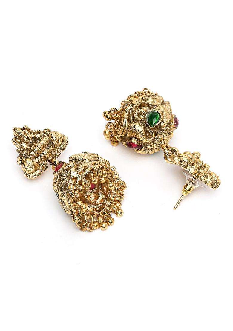 Gold-Plated Dome Shaped Artificial Stones Studded Laxmi Mata Jhumkas for Women | Traditional Temple Jewellery for Wedding & Festive Wear | Gift for Her - Indya