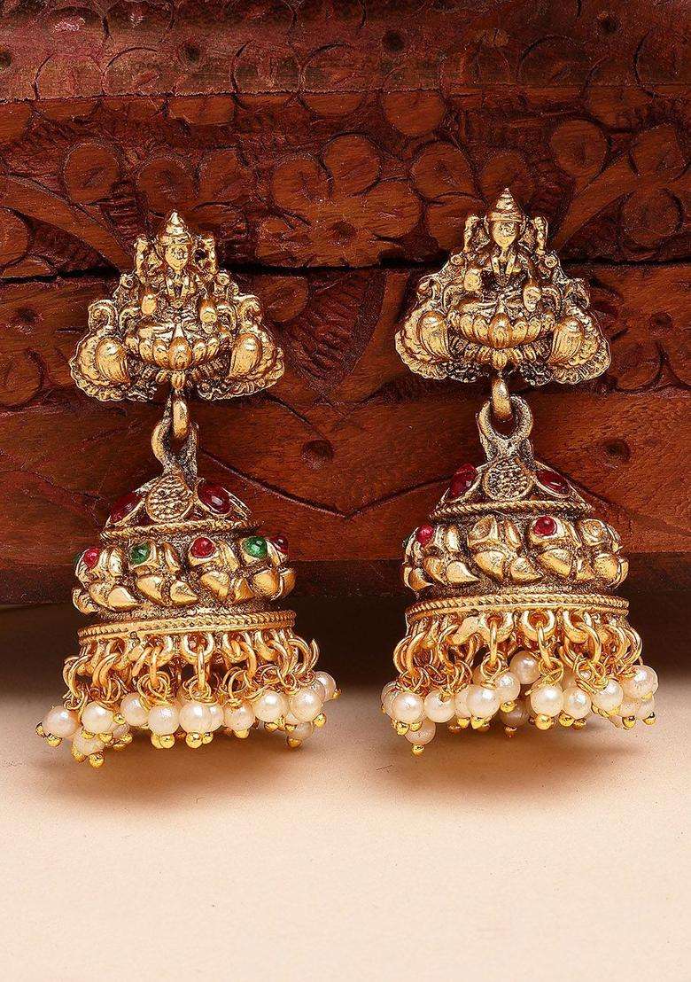 Gold-Plated Beaded Laxmi Mata Design Jhumkas Jhumki Earrings for Women | Traditional Temple Jewellery for Wedding & Festive Wear | Gift for Her - Indya