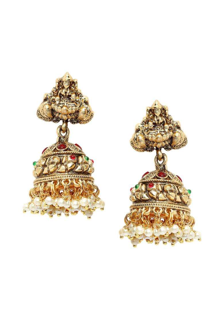 Gold-Plated Beaded Laxmi Mata Design Jhumkas Jhumki Earrings for Women | Traditional Temple Jewellery for Wedding & Festive Wear | Gift for Her - Indya