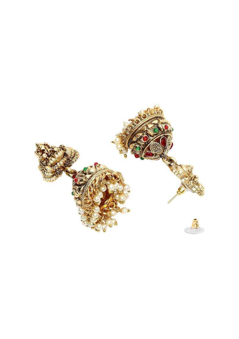 Gold-Plated Beaded Laxmi Mata Design Jhumkas Jhumki Earrings for Women | Traditional Temple Jewellery for Wedding & Festive Wear | Gift for Her - Indya
