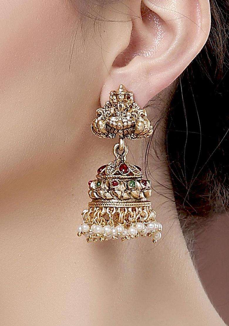 Gold-Plated Beaded Laxmi Mata Design Jhumkas Jhumki Earrings for Women | Traditional Temple Jewellery for Wedding & Festive Wear | Gift for Her - Indya